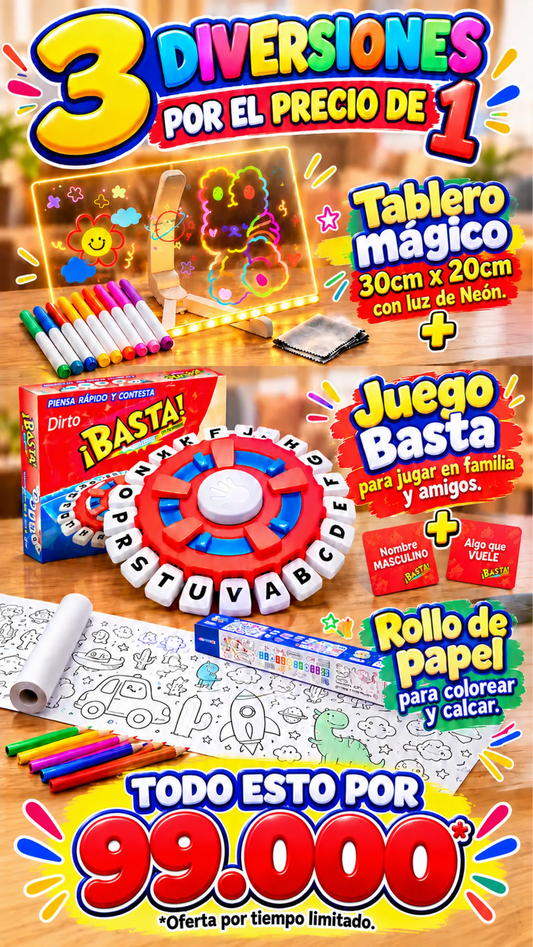 TABLERO MÁGICO LED + JUEGO BASTA + ROLLO ADHESIVO PARA CALCAR Y COLOREAR: